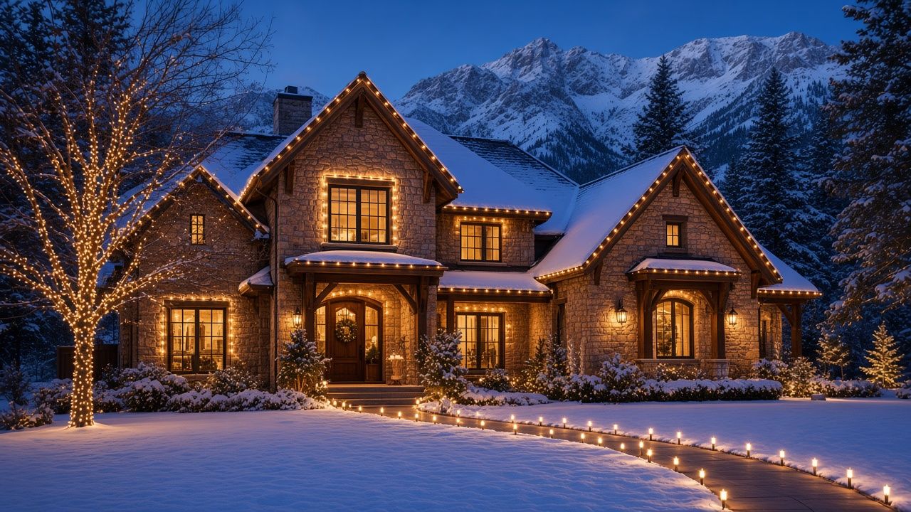 Rooflines, tree wrap and lit path